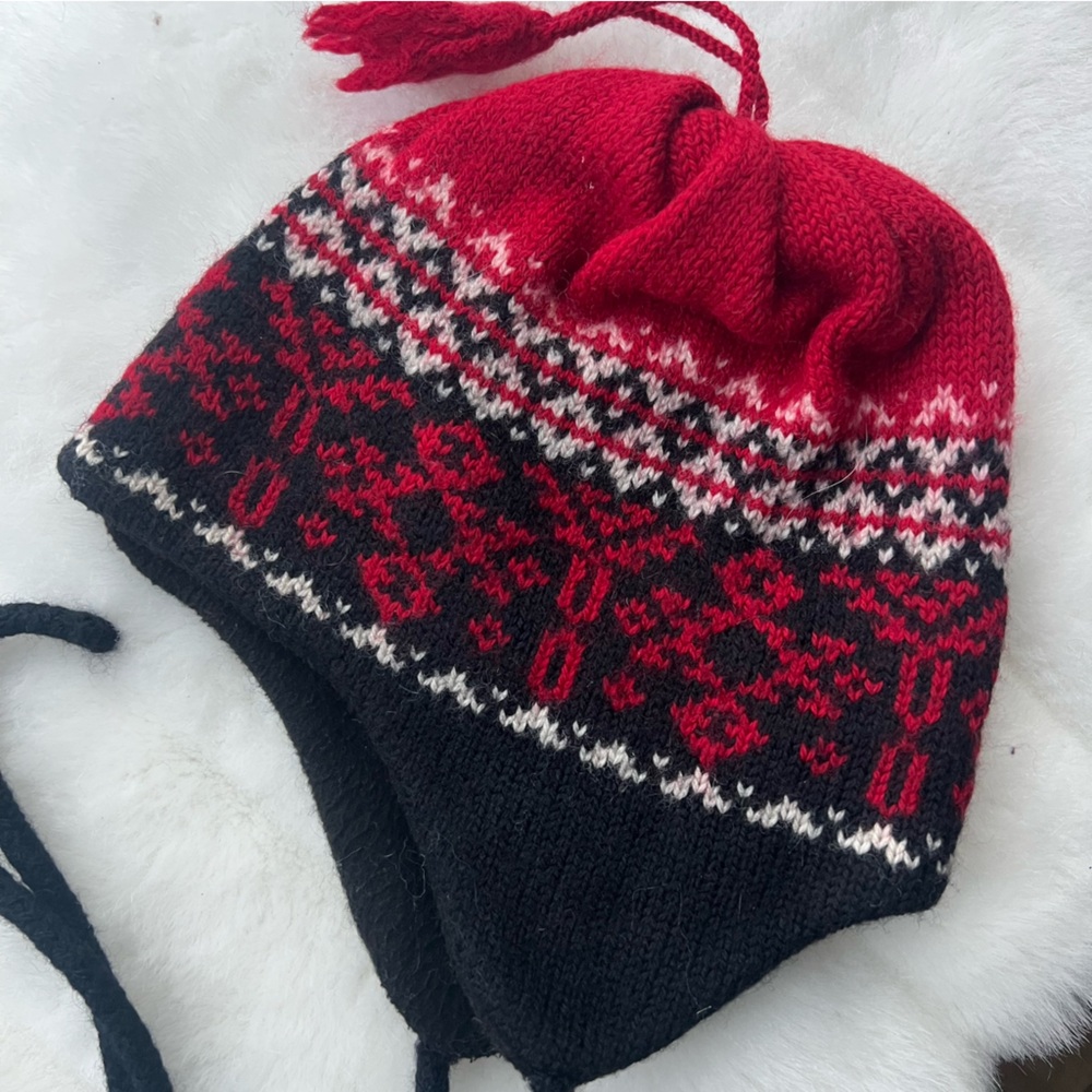 Merkley 100% Virgin Wool ski hat EUC red & black Adult one-size